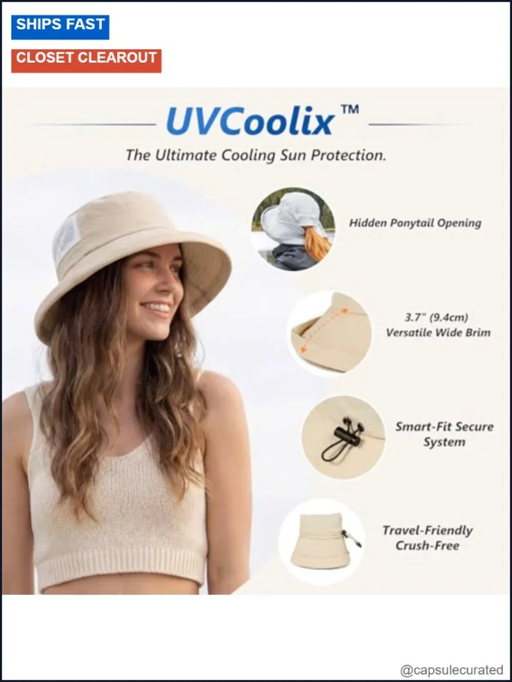 Women's Cooling Bucket Sun Hat UPF 50 Wide Brim Packable Ponytail Hole